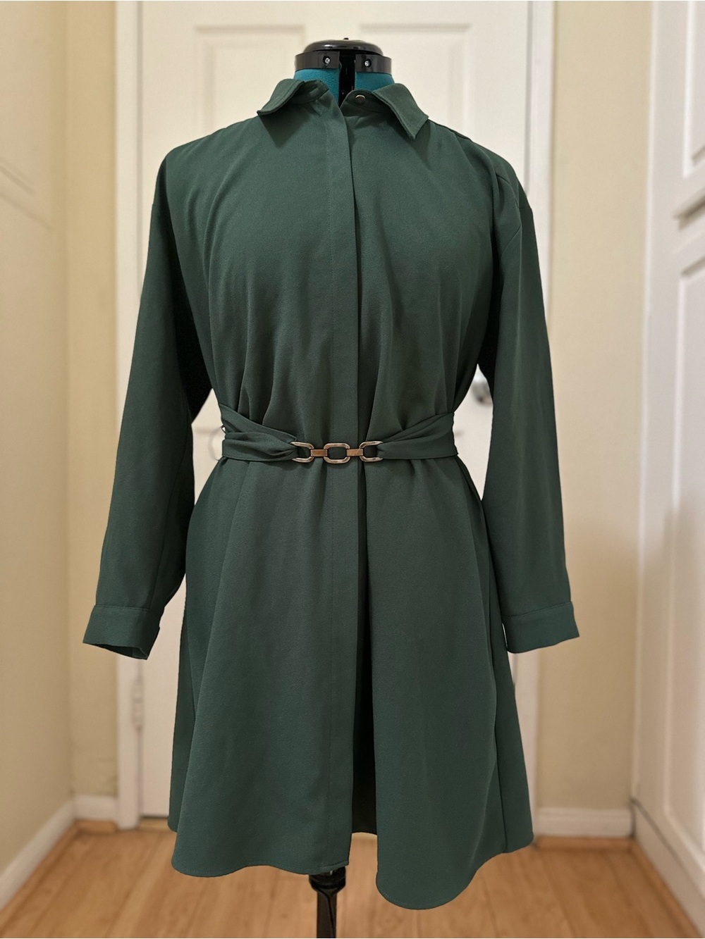 Zara Sz M Dark Green Belted Long Sleeve Shirt Dress Structured Professional Fem